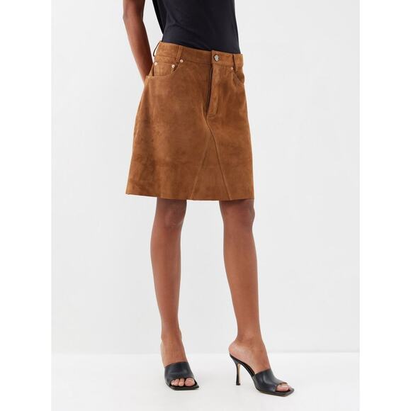 NWT Raey Tan Suede Leather A Line Mini Skirt UK 10 US 6‎ MSRP $775 Matches - Picture 1 of 14
